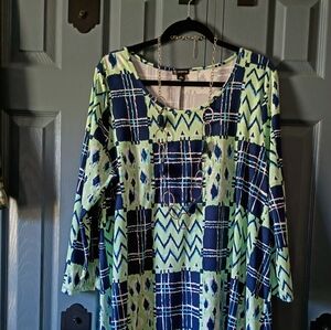 Blue/Light Green Knee Length Dress And Jewelry